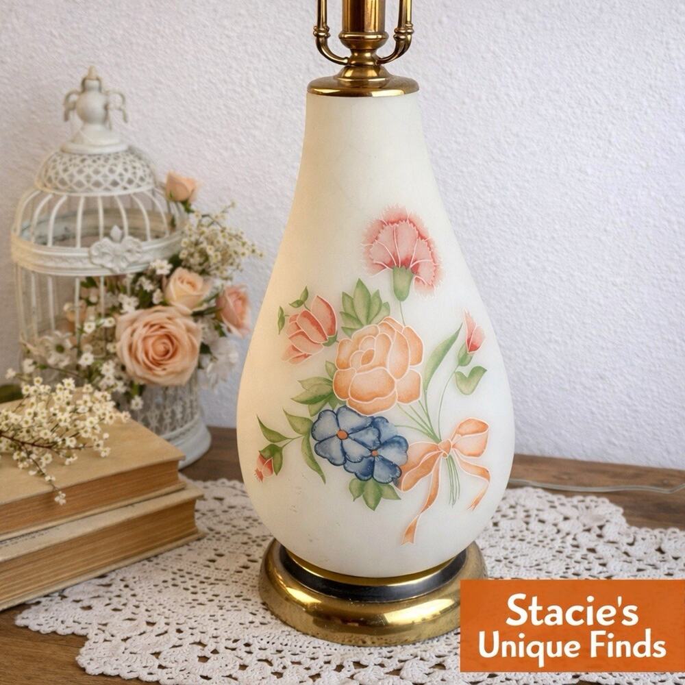Mid Century Blown Milk Glass Hand Painted Night Light Lamp 28 inch Cottagecore